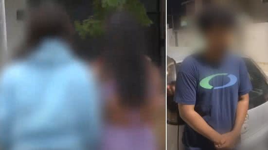 À esquerda, vítimas que falaram com a reportagem do Fique Alerta. À direita, o suspeito homem apontado por elas como o autor do crime na web - Reprodução / TV Pajuçara