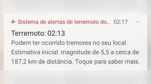 Notificação de terremoto enviada pelo Google a um usuário na madrugada desta sexta - Reprodução