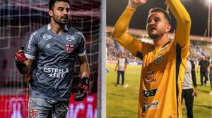 À esquerda, Matheus Albino (CRB);  à direita, Matheus Vinícius (ASA) - Francisco Cedrim / CRB e João Marcelo Cruz / TNH1