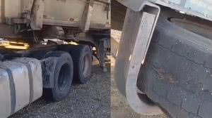 Imagem Vídeo: carreta é apreendida com arames dos pneus expostos, excesso de carga e problemas no freio