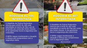 BPRv informa que trechos das rodovias estaduais em São Luís do Quitunde e Pilar estão interditadas - Divulgação / BPRv