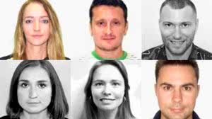 Seis espiões russos na lista da Interpol, a partir da esquerda: Yekaterina Leonidovna Danilova, Vladimir Aleksandrovich Danilov, Olga Igorevna Tyutereva, Aleksandr Andreyevich Utekhin, Irina Alekseyevna Antonova e Roman Olegovich Koval - Reprodução / NYT / Interpol