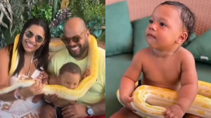 Bebê aproveitou uma rápida distração dos pais e quase mordeu a cobra - Foto: Reprodução