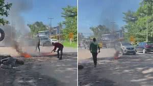 Moradores dizem que homem preso por estupro é inocente e bloqueiam AL-101 em Riacho Doce - Carol Guibu / Reprodução / TV Pajuçara