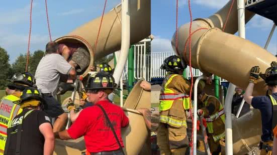 Pai entra em escorregador de escola, fica preso e é resgatado por bombeiros - Reprodução / Facebook