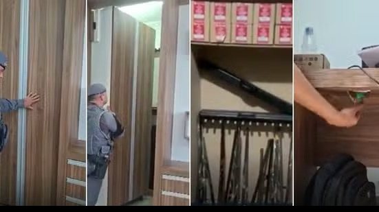 Policial descobriu uma porta secreta aberta por um botão em baio de uma mesa acionado com chavev digital - Foto: Polícia Civil/Divulgação