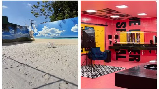 Banheiro instagramável com estúdio e praia artificial dentro da Community Creators Academy, na Vila Leopoldina, Zona Oeste de SP. - Foto: Montagem/g1/Rodrigo Rodrigues, Lucas Amorim e Albert Rodrigo