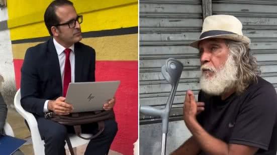 O juiz federal Antônio José de Carvalho Araújo e o trabalhador Amarildo Francisco dos Santos Silva em audiência de instrução na calçada, no bairro da Levada, em Maceió - Reprodução / TV Pajuçara