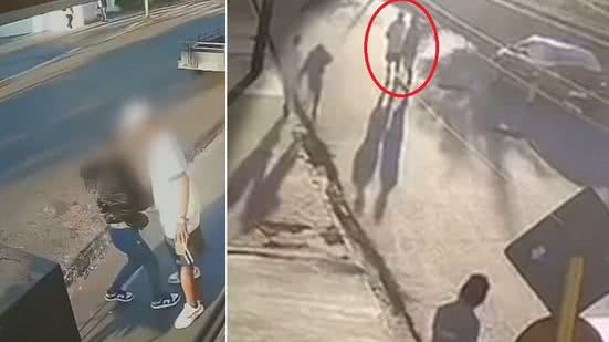 À esquerda, suspeito aborda menina que andava na calçada; à direita, momento em que motorista desce do carro e confronta o suspeito - Reprodução