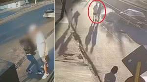 À esquerda, suspeito aborda menina que andava na calçada; à direita, momento em que motorista desce do carro e confronta o suspeito - Reprodução