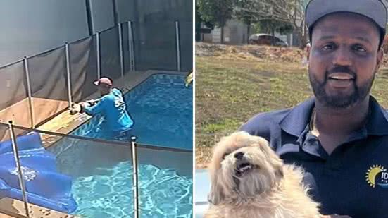 Vinicius, piscineiro que salvou Choquito do afogamento, ao lado do cachorro já recuperado em Goiânia - Reprodução câmera de segurança | Arquivo pessoal / Vinicius Orlando