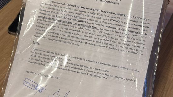 O arquivamento e registro da ata da reunião extraordinária do conselho, realizada em 01/09, estava travado sob o argumento de que o Estatuto Social do Clube atribuiria à Assembleia Geral a competência para afastar a Direção Executiva do Clube - Divulgação / CSA