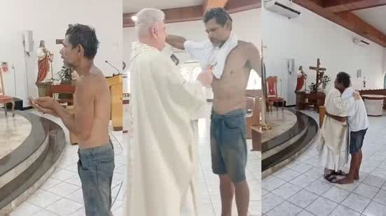 Imagem Homem descalço pede bênção ao padre e tem grande surpresa em igreja
