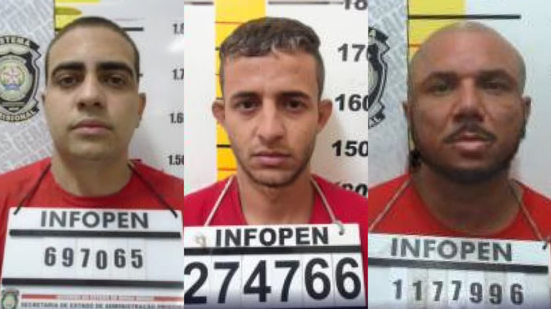 Fugitivos do Ceresp Gameleira, em Belo Horizonte, foram classificados como foragidos pela Justiça de Minas Gerais. São eles: Ricardo Lopes de Araújo (esquerda), Wanderson Henrique Lucena Salomão (centro) e Nikolas Henrique de Paiva Silva - Foto: Sejusp/Divulgação