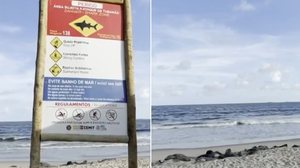 Praia onde aconteceu o ataque é sinalizada com aviso sobre o risco de tubarão no mar - Reprodução