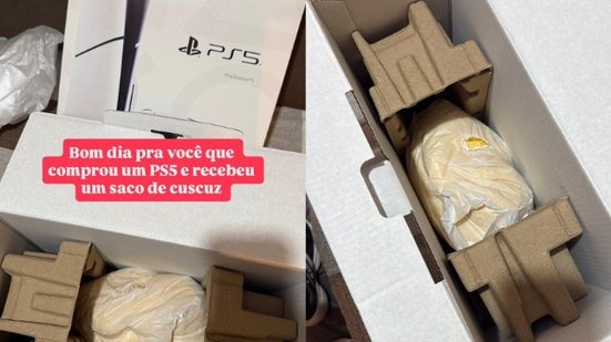 Caixa identificada como PlayStation 5 foi aberta diante de câmera, mas continha apenas um pacote de fubá para cuscuz - Foto: Cortesia ao TNH1