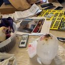 Cartazes, celulares, galinha e materiais apreendidos pela Polícia Civil em investigação de fraude em Santos que prometia cura religiosa - Divulgação / Polícia Civil de SP