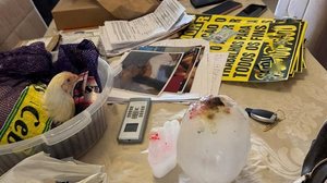 Cartazes, celulares, galinha e materiais apreendidos pela Polícia Civil em investigação de fraude em Santos que prometia cura religiosa - Divulgação / Polícia Civil de SP