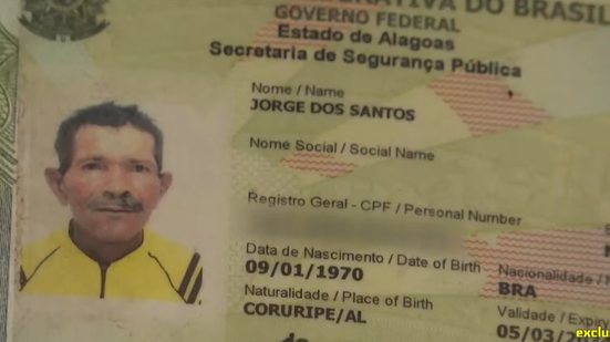 Documento de identificação de Jorge dos Santos, trabalhador que havia contratado seguro de vida no valor de R$ 1 milhão meses antes de morrer por uma picada de cobra. Patrão dele, que era beneficiário na apólice, foi preso em Coruripe - Reprodução / TV Pajuçara