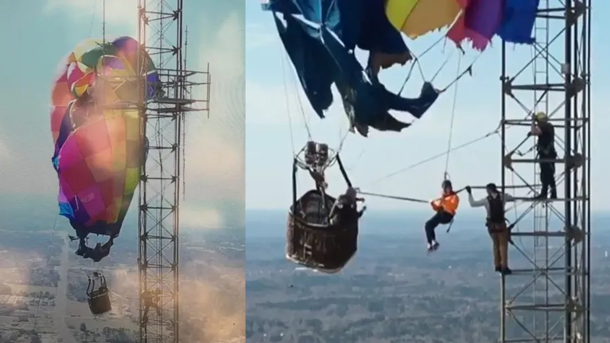Balão atinge torre e deixa casal preso a 300 metros de altura
