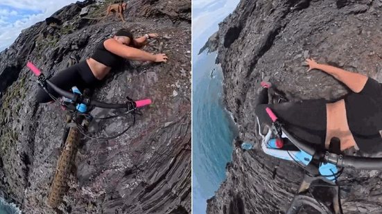 Ciclista espanhola tentando se segurar em rochas ao escorregar de bicicleta na beira de precipício - Instagram / Reprodução