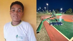 Felipe Aragão de Oliveira, de 14 anos, morreu depois que uma estrutura de cesta de basquete caiu sobre ele, em Rio Verde - Reprodução / Instagram Colégio Estadual Eurico Veloso do Carmo | Divulgação/ Delegado Adelson Candeo