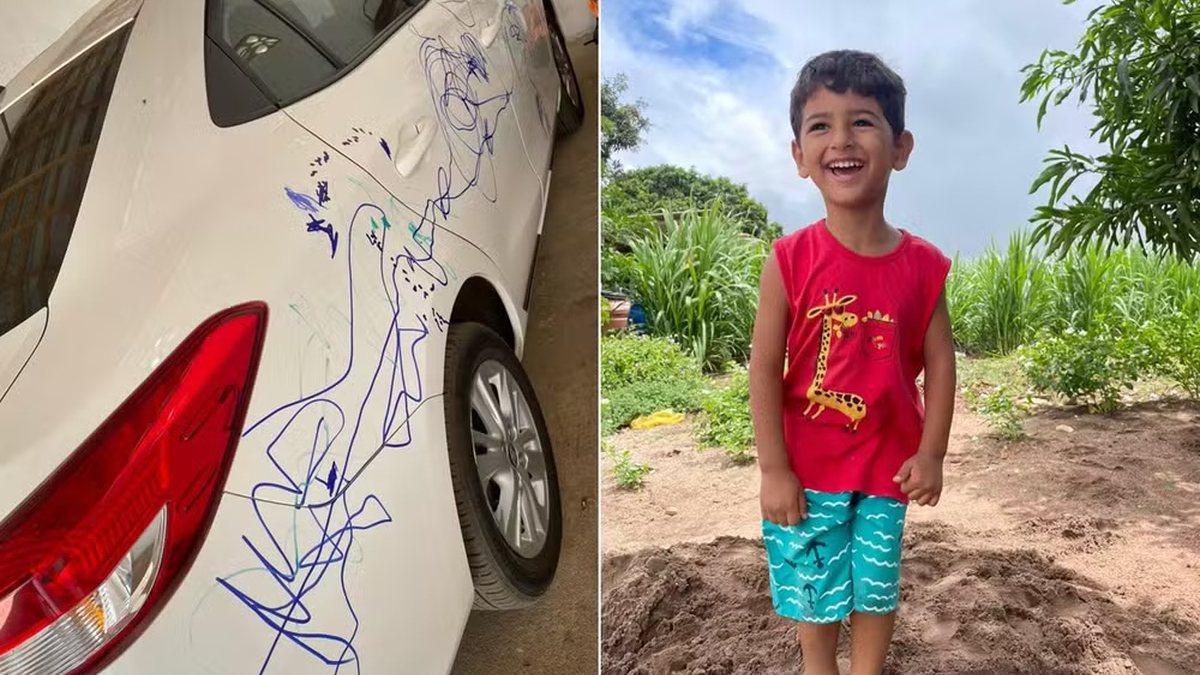 Vídeos: menino viraliza após riscar carro do pai com caneta permanente em Alagoas