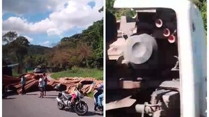Imagem Vídeo: caminhão carregado de madeira tomba na Ladeira do Catolé