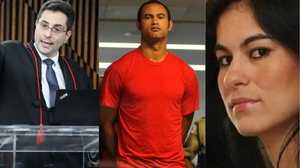 Da esquerda à direita: o promotor Thiago Riff, o ex-goleiro Bruno e Eliza Samudio - Divulgação / MP; Folhapress e Reprodução