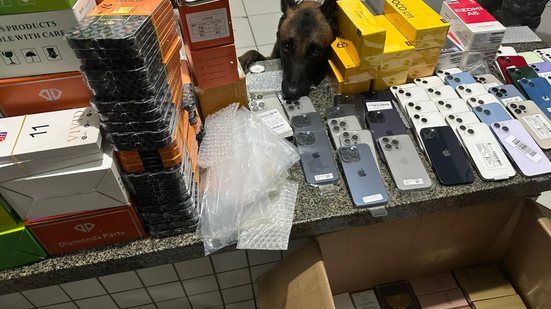 Policiais localizaram caixas com produtos falsificados no interior do ônibus e no compartimento de bagagens. - Foto: Cortesia/PM