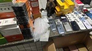 Policiais localizaram caixas com produtos falsificados no interior do ônibus e no compartimento de bagagens. - Foto: Cortesia/PM