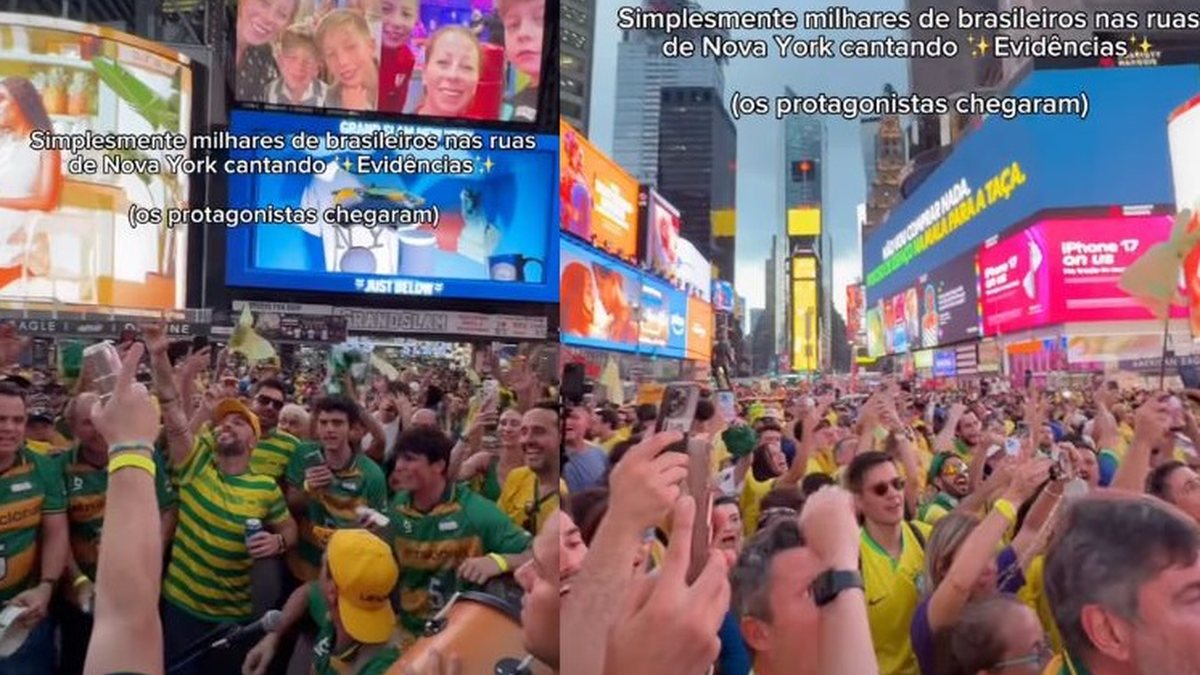 Vídeo: brasileiros lotam a Times Square e cantam “Evidências” antes da estreia na Copa