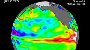 Imagens do satélite mostram variações no nível do mar em junho de 2026; áreas em vermelho indicando águas mais elevadas no Pacífico equatorial, sinal típico associado ao desenvolvimento do El Niño - NASA
