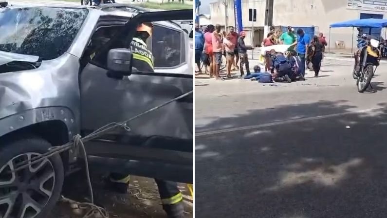 Acidente entre caminhão, carro e motocicleta deixa feridos no Santos Dumont