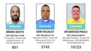 Da esquerda para a direita, Bruno Souto, Dom Valdiley e Dr. Marcos Paulo, candidatos nas eleições de 2026 que têm mandados de prisão em aberto - Reprodução/DivulgaCandContas/TSE
