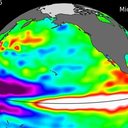 Imagem de 3 de agosto de 2026, feita com dados do satélite Sentinel-6 Michael Freilich, mostra mudanças no nível do Oceano Pacífico associadas ao El Niño - Sentinel-6 Michael Freilich / NASA / NOAA