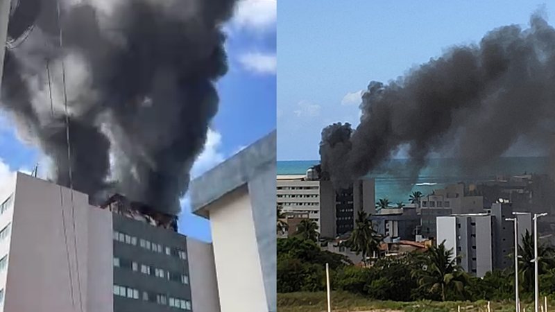 VÍDEOS: incêndio atinge cobertura de hotel e fumaça preta se forma no céu em Cruz das Almas