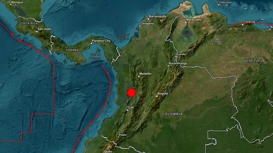 Mapa mostra terremoto de magnitude 7,4 que atingiu o oeste da Colômbia em 10 de agosto de 2026 - Reprodução / USGS