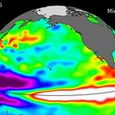 Imagem de 3 de agosto de 2026, feita com dados do satélite Sentinel-6 Michael Freilich, mostra mudanças no nível do Oceano Pacífico associadas ao El Niño - Sentinel-6 Michael Freilich / NASA / NOAA