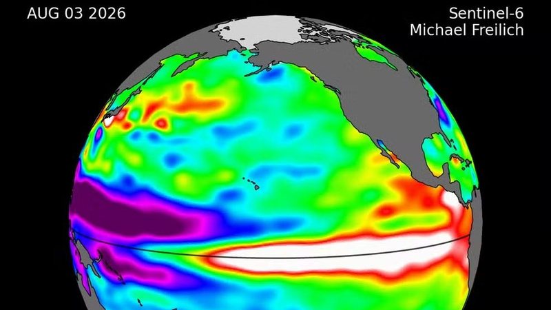 Imagem de 3 de agosto de 2026, feita com dados do satélite Sentinel-6 Michael Freilich, mostra mudanças no nível do Oceano Pacífico associadas ao El Niño - Sentinel-6 Michael Freilich / NASA / NOAA