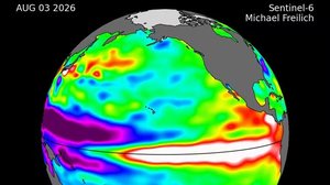 Imagem de 3 de agosto de 2026, feita com dados do satélite Sentinel-6 Michael Freilich, mostra mudanças no nível do Oceano Pacífico associadas ao El Niño - Sentinel-6 Michael Freilich / NASA / NOAA