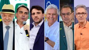 Lula, Flávio Bolsonaro, Renan Santos, Ronaldo Caiado, Augusto Cury e Romeu Zema: candidatos à Presidência da República - Divulgação