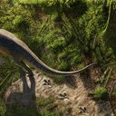 Reconstituição artística de um T. rex adulto andando próximo ao lago que teria deixado as pegadas encontradas em Hell Creek, na Dakota do Norte, EUA - Andrey Atuchin