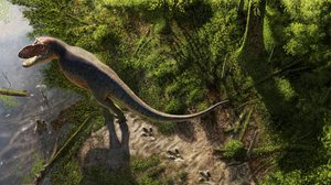 Reconstituição artística de um T. rex adulto andando próximo ao lago que teria deixado as pegadas encontradas em Hell Creek, na Dakota do Norte, EUA - Andrey Atuchin