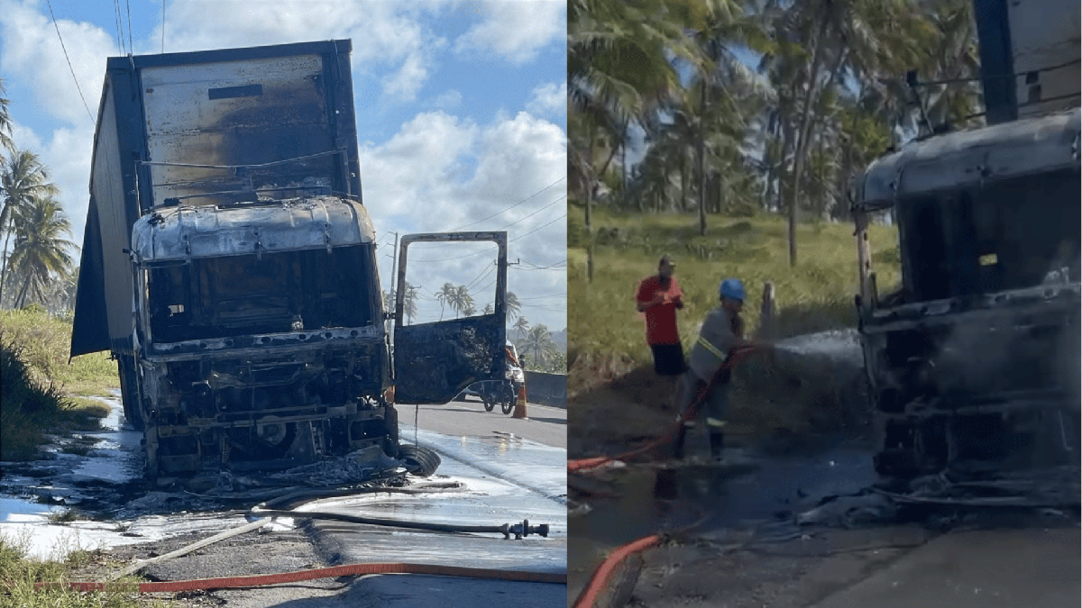 Vídeo: cabine de carreta fica destruída após pegar fogo na AL\u002D101 Sul