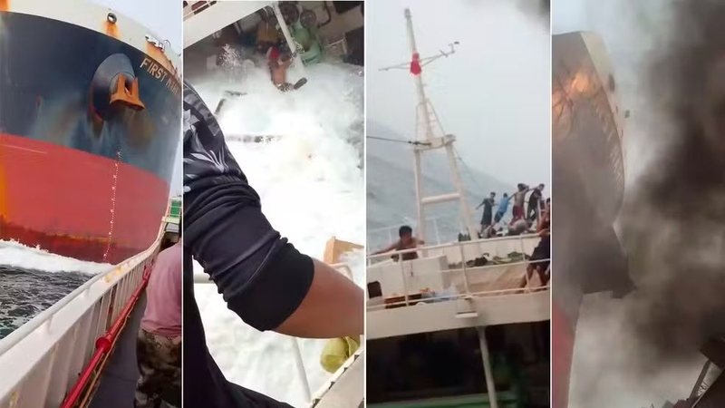 Desesperador: vídeo mostra colisão de navio de grande porte com barco de pesca