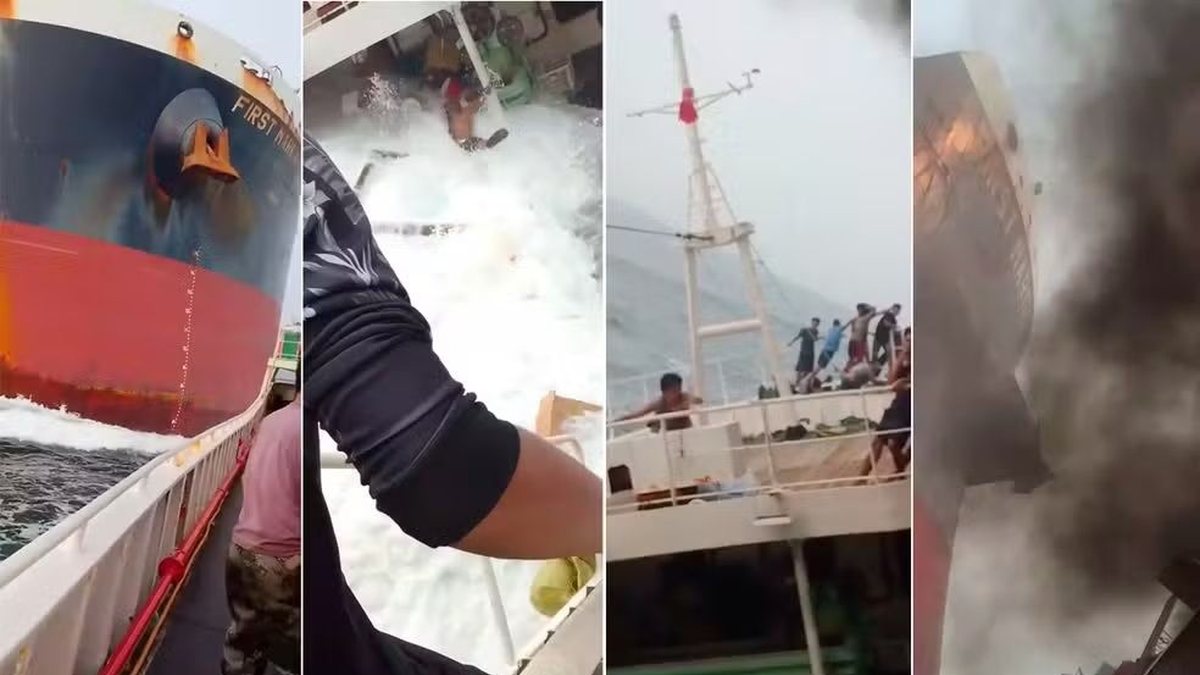 Desesperador: vídeo mostra colisão de navio de grande porte com barco de pesca