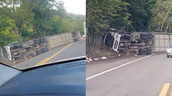 VÍDEO: caminhão\u002Dcegonha tomba e deixa BR\u002D316 parcialmente bloqueada