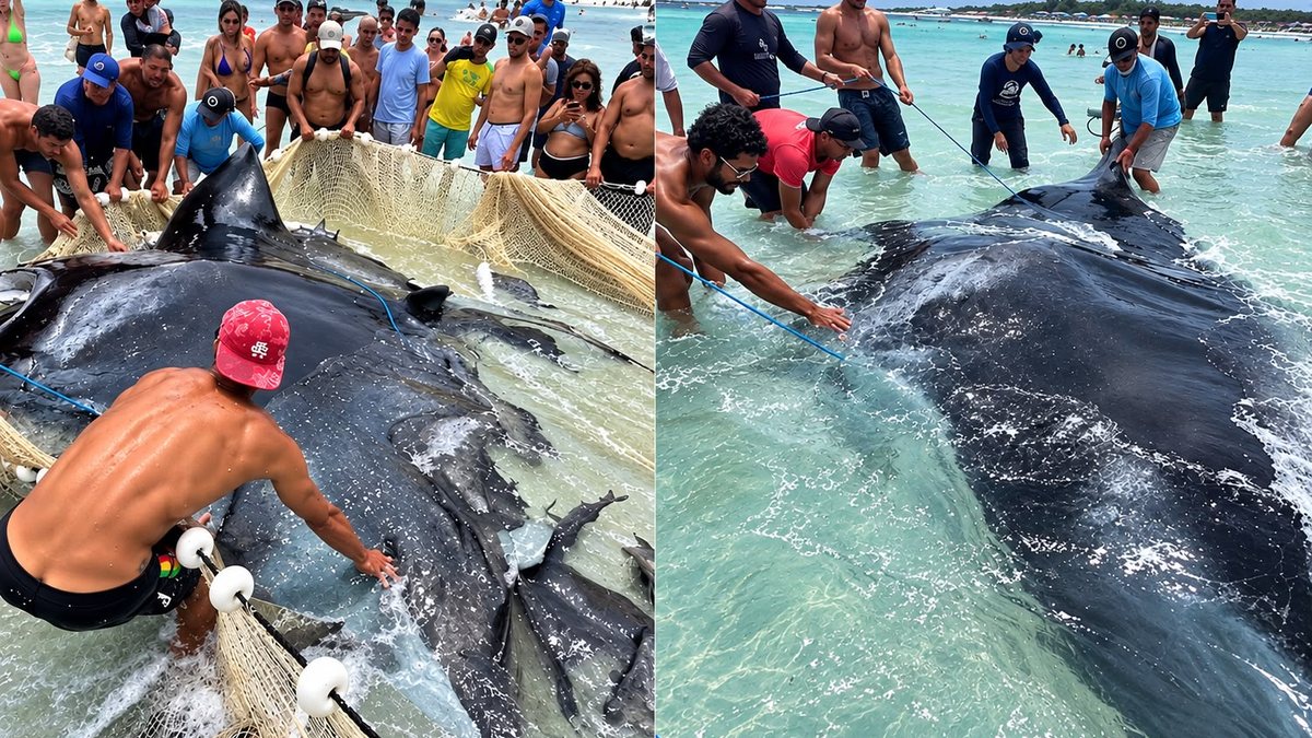 Impressionante: pescadores salvam raia gigante que ficou presa em rede de pesca no Rio