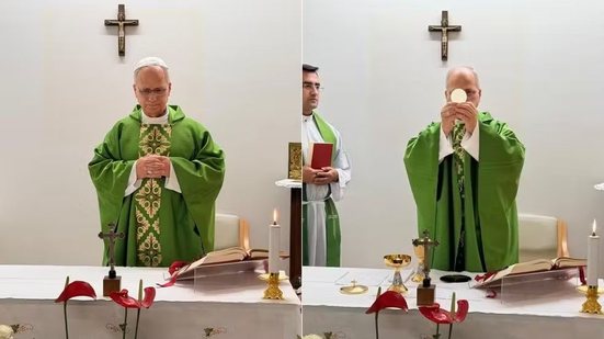 Em imagem divulgada pelo Vaticano, o papa Leão XIV reza missa dentro do hospital Gemelli, em 16 de outubro de 2026 - Divulgação / Vaticano